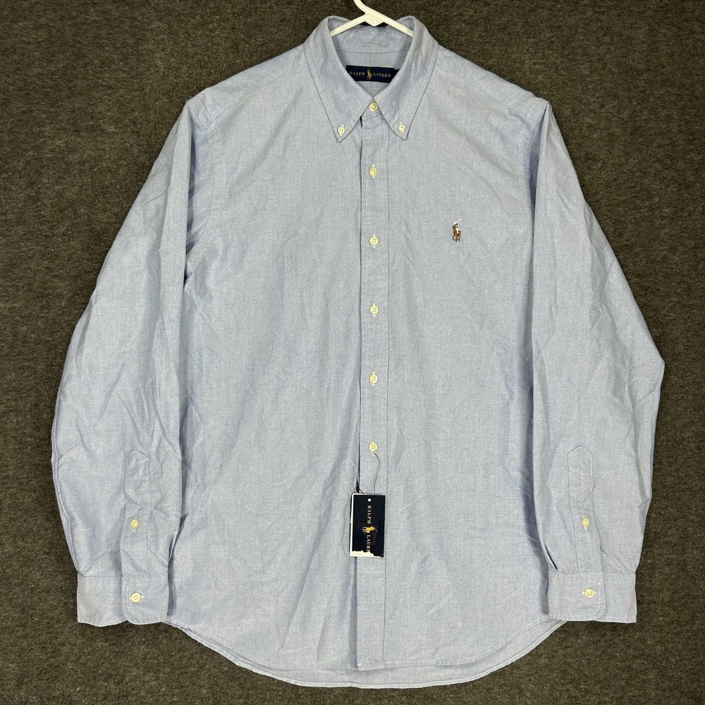 Ralph Lauren Shirt Men L Blue Solid Oxford Long Sleeve Flesh Pony OCBD